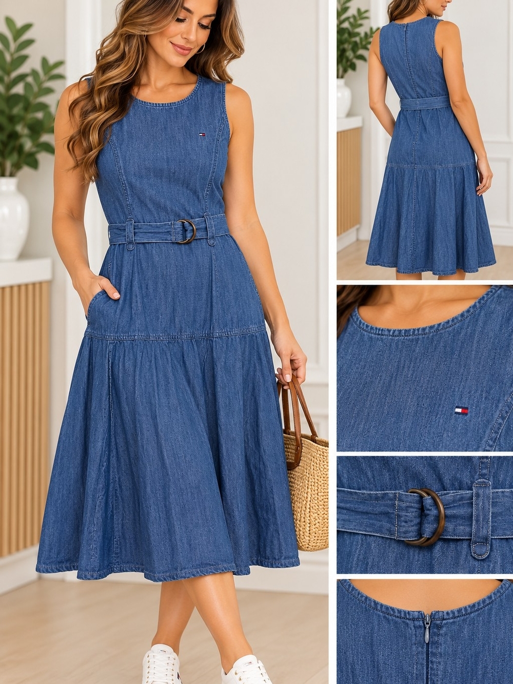 Tommy Hilfiger Blue Denim Sleeveless Belted Midi Dress with Flag Detail